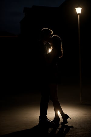 A dramatic and intimate scene unfolds under the darkness of a black night. The camera frames Jake's slender figure entwined with Emily's toned physique, their bodies swaying in unison. The faint light from a distant basketball yard lamp casts an eerie glow on their passionate kiss, illuminating Emily's big breasts. Jake's hands grasp her ass as they stand tall, lost in the moment. The air is heavy with drama, and the only illumination comes from the faint lamp post, casting long shadows across their entwined bodies.