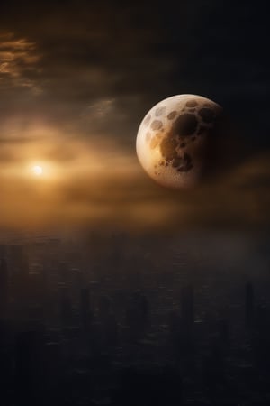 Against a velvety blackness of space, the majestic moon hangs suspended, a glowing orb illuminating the dark canvas. In the foreground, a cinematic masterpiece unfolds: a dramatic pose, bathed in soft, golden light, against a backdrop of wispy clouds and towering cityscapes. High-contrast textures evoke depth and dimensionality. Shot on 16K RAW, this stunning image is worthy of a movie poster.