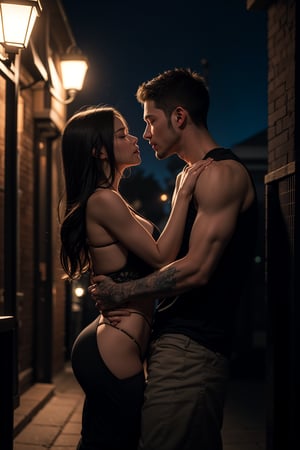 Jake's slim figure entwined with Emily's perfect physique under the darkness of a black night. The only light comes from a distant streetlamp, casting an eerie glow on their passionate kiss. The air is heavy with drama as they cling to each other, lost in the moment.