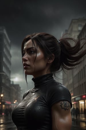 A robust woman, reminiscent of Lara Croft, stands defiantly in the rain-soaked streets, her muscled physique a testament to her kickboxing prowess. Her long, Vegeta-inspired hair flows like silk in the downpour, framing her chiseled features. Inspired by Greg Hildebrandt's artistry, this warrior-woman radiates confidence and power. The Fallout-esque cover art style adds an air of gritty realism. In the foreboding sky above, a hint of French bob-inspired elegance is juxtaposed with her tough-as-nails demeanor. As Orianna from League of Legends, she exudes invincibility, doling out high damage to anyone who dares challenge her. A hyper-realistic masterpiece, this Discord profile picture and app icon quote-worthy image is sure to turn heads!,photo r3al,photorealistic