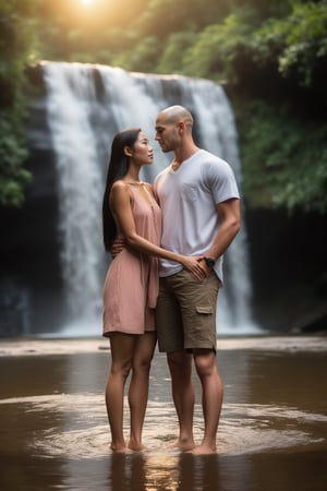 Here's a prompt that captures the essence of your request:

Create a 4K image of Jake (5'4, slim, thinning hair, shaved head) and Emily (beautiful Asian-Indonesian woman with long black hair), standing together at the same height, facing the camera with their eyes locked onto the lens. Emily wraps her arm around Jake in a gentle side hug. The backdrop is a stunning waterfall and river, surrounded by lush greenery, bathed in warm sunset hues. Both Jake and Emily are barefoot, wearing short pants and soaked shirts, drenched from the waterfall's spray. Capture every detail of their realistic faces, emphasizing the intimacy and serenity of this moment.