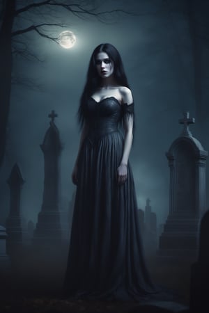 In the eerie glow of a moonlit cemetery, a 20-year-old gothic girl with wild, dark hair and delicate features stands tall, her full body shrouded in mist. Her pale skin seems to absorb the faint light, as if she's a creature of the night itself. Stefan Gesell-inspired brushstrokes bring forth a sense of dark fantasy artistry, where reality blurs with the realm of horror. Gradient backgrounds whisper secrets of the unknown, as our subject's eyes gleam like lanterns in the darkness.,Extremely Realistic