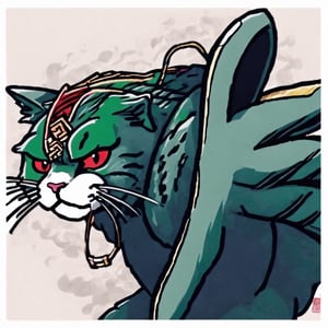 boxing green cat, Ukiyo-e style,cotton paper texture,hand draw line,aw0k cat,IncrsPunchMeme