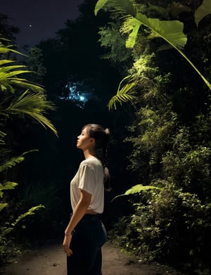A young girl stands confidently at the edge of a dense jungle, her eyes fixed on some unseen distance. She wears a pair of durable pants shorts and a comfortable-looking shirt, her dark hair tied back in a practical ponytail. The darkness of the jungle night surrounds her, with only the faintest hint of starlight visible above the treetops. The air is thick with the sounds of nocturnal creatures, and the girl's profile is illuminated by the soft glow of a nearby firefly, casting an intimate, golden light on her determined expression.,JeeSoo ,1 girl 