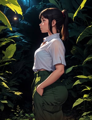 A young girl stands confidently at the edge of a dense jungle, her eyes fixed on some unseen distance. She wears a pair of durable pants shorts and a comfortable-looking shirt, her dark hair tied back in a practical ponytail. The darkness of the jungle night surrounds her, with only the faintest hint of starlight visible above the treetops. The air is thick with the sounds of nocturnal creatures, and the girl's profile is illuminated by the soft glow of a nearby firefly, casting an intimate, golden light on her determined expression.