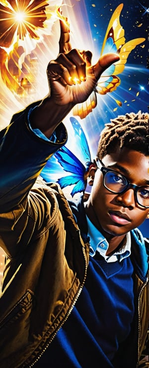 Generate a movie poster of a young black boy holding forward his hands and blue magic light and sparkles appearing with a blue butterfly flying above it, the boy should be wearing a blue jacket and a white t-shirt, wearing eyeglasses,he should have a brown coloured hair, beside him there should be a boy and a girl,the girl should hold a book with golden light emitting from the open book, while the boy should have a red hair, black outfit with fire emitting from it and fire should also be emitting from his right hand, the movie poster should be written as “Reborn" in capital letters in the best fantasy font, the background of the poster should be a building of a golden castle in a perfect dramatic day sky lighting, with a the film studio written at the top of the poster “ Alpha Studios” in capital letters and it should be written in conjunction with “Nexflix studio”, below and underneath the title it should be written “A Movie by Alphonsus Divine”, all writing should be beautiful and legibly written, give the poster a touch of adventure, action, fantasy and drama and make it appealing that would make people definitely watch the movie, get creative Gemini!,DonM3lv3nM4g1cXL,Illustration