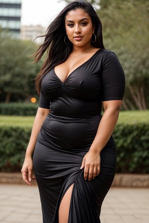 A young attractive realistic instagram curvy figure model, wearing a very sexy black dress,and showing  his attractive and lusty look.