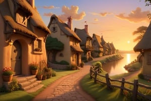 As the sun dipped below the horizon, they approached their village, the familiar sounds and sights welcoming them back. cartoonish 
disney