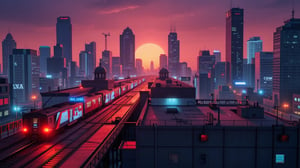 cyberpunk, fine detail rendered, colorful, neo Los-Angeles station, trains, skyscrapers, beautiful sunset, detailed background, fantastic, mysterious, perfect composition, masterpiece, best quality, 8k, ultra-detailed, very clear