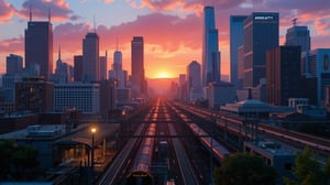 cyberpunk, fine detail rendered, colorful, neo Los-Angeles station, trains, skyscrapers, beautiful sunset, detailed background, fantastic, mysterious, perfect composition, masterpiece, best quality, 8k, ultra-detailed, very clear