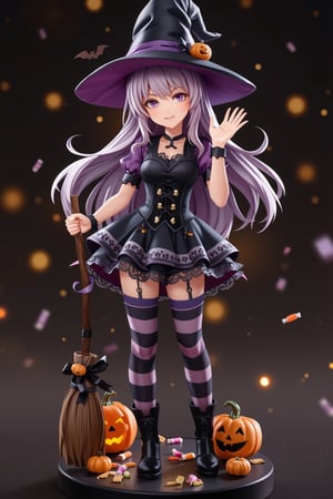 A high-quality anime-style figure of a cute girl dressed in a Halloween-themed witch costume. The figure features long, flowing hair with a playful curl at the ends, and she wears a classic, oversized witch hat with a small pumpkin charm attached to the tip. Her outfit consists of a short, flared black and purple dress with lace trim and a corset-style bodice, perfectly capturing the whimsical and festive Halloween vibe. The dress is adorned with small pumpkin and bat details, and her striped thigh-high stockings and black boots add a fun, magical touch. In one hand, she holds a broomstick decorated with ribbons and tiny glowing stars, while the other hand waves playfully. Her expression is cheerful and mischievous, with a wide smile that matches the Halloween spirit. She stands on a base featuring scattered candy, small pumpkins, and glowing jack-o'-lanterns, adding to the festive atmosphere. The overall design combines the charm of a cute witch with the playful, spooky essence of Halloween, making her both enchanting and adorable.
