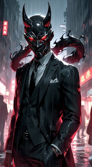 A strong figure clad in a sleek black and white suit, adorned with a striking Japanese devil mask, stood stoically amidst the relentless downpour. This enigmatic individual exuded an air of mystery and intrigue, with the mask adding an element of ominous allure to his presence. The scene is captured in a vivid and haunting photograph, with every raindrop and shadow meticulously highlighted to create a sense of raw intensity. The composition is so impeccably detailed and immersive that viewers are transported into a world of suspense and fascination.