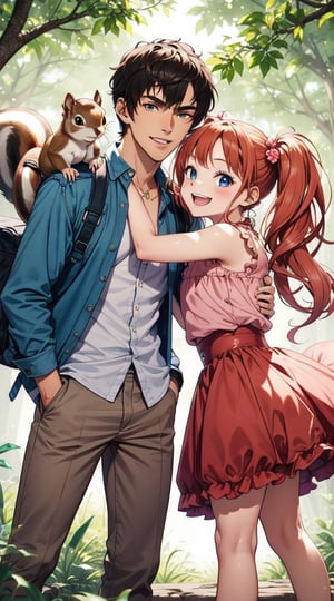 a young and handsome teenager and a little girl stand next to each other, laughing evilly, with a chubby little squirrel standing between them.
sly smiles. big clear eyes,