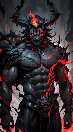 A brooding demon lord, the king of hell exudes a menacing presence with his obsidian skin adorned with fiery crimson markings. His sharp horns gleam with an otherworldly light, casting shadows across his twisted features. This evocative portrait, possibly a digital painting, captures the essence of evil with exquisite detail and depth. Each sinewy muscle and jagged edge is rendered with remarkable precision, inviting viewers into a realm of darkness and despair.