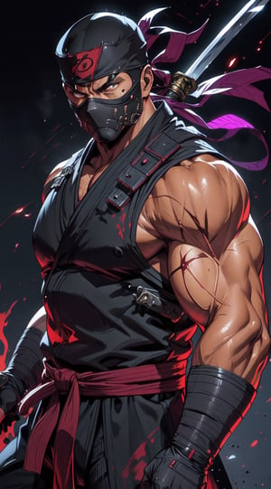 A fiercely agile Ryu Hayabusa, the legendary ninja from Ninja Gaiden, exudes power and stealth in every detail: sleek black armor glistening with hints of crimson, a katana blade gleaming with deadly precision, and intense, calculating eyes that pierce through shadows. This image, perhaps a digitally rendered portrait, perfectly captures the essence of a skilled warrior on a quest for vengeance. The attention to detail and vivid use of color elevate this depiction to a cinematic masterpiece, showcasing the character in all his glory as he embarks on his epic adventure.