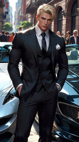 A stoic, handsome blond male bodyguard exudes an air of sophistication next to a sleek sports car. His chiseled features and piercing gaze hint at a hidden depth beneath his composed exterior. The scene could be a striking photograph capturing the contrast between the man's sharp attire and the glossy car. Every detail is crisp and vibrant, from the shimmering black suit to the deep navy shirt which adds a touch of mystery. This stunning image evokes a sense of power and allure, inviting viewers to delve into the enigmatic narrative it suggests.