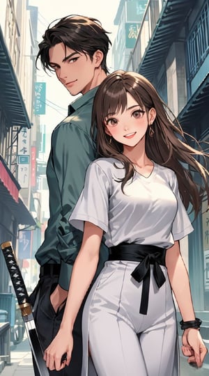 In the bustling backdrop of a contemporary metropolis, a charming young man and a stunning young woman stand confidently back to back. The man, clad in a crisp white T-shirt, radiates positivity as he smiles warmly. His companion holds a traditional Chinese sword, her beauty enhanced by its ancient elegance. This scene is captured in a vivid and dynamic photograph, every detail meticulously composed to convey a sense of modern strength and cultural richness. The image is a feast for the eyes, with vibrant colors and sharp contrasts creating a visually striking composition that is sure to captivate the viewer.