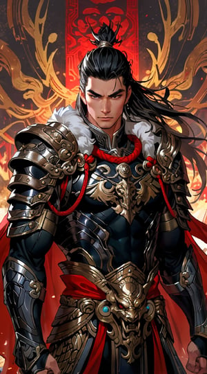 A gallant Erlang Shen, the ancient Chinese war deity, stands tall in all his glory. His armor gleams with intricate patterns, symbolizing his divine protection and martial prowess. The majestic figure is depicted in a vibrant painting, showcasing his fierce expression and powerful stance. Every brushstroke brings out the hero's valor and strength, leaving viewers in awe of his mythical presence. The detailed background enhances the overall composition, adding layers of depth and meaning to this exceptional artwork.