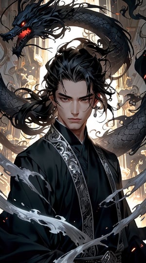 A handsome man from ancient  China exudes timeless grace amidst a world-weary facade, his flowing black locks cascading like a waterfall, and a sinister man in black who emanates an aura of malice and superiority is standing back to back with him.