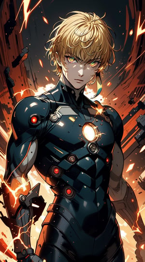 A brilliantly detailed Genos from One-Punch Man, every inch exudes a sense of power and precision: metallic limbs gleaming in the light, sparking with energy; glowing, fiery eyes conveying determination and strength. This mesmerizing portrait, perhaps a digital illustration, captures the essence of a futuristic warrior with exquisite clarity. The impeccable rendering and vibrant colors make this image a true masterpiece, bringing Genos to life in stunning detail for viewers to admire.