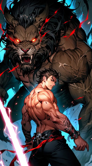 A primal, animalistic spirit courses through the veins of a sculpted warrior, its raw power evident in his sinewy muscles as they strain against his skin. The ferocity within threatens to burst forth, manifesting in the snarling features and wild, untamed eyes of the man. This dynamic and evocative painting captures the struggle between man and beast, teetering on the brink of primal fury. The attention to detail and vivid colors create a mesmerizing portrayal of inner conflict and untamed strength.