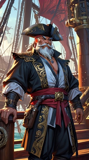 A Chinese lord of pirates standing proudly on the deck of a huge pirate ship.