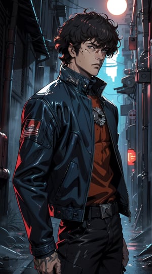 A grizzled yet sharp Spike Spiegel, spacefaring bounty hunter, stands stoically in a dimly lit alleyway. His worn blue leather jacket exudes a sense of gritty resilience, contrasting with the glint of a hidden weapon at his side. The striking image captures the essence of a renegade in a futuristic setting, painted with meticulous detail and depth that immerses the viewer in the raw drama of interstellar adventures.,1boy