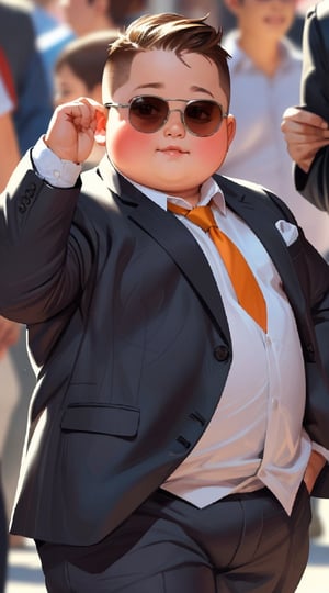 A 5-year-old chubby boy wearing a set of sleek suit and a pair of sunglasses