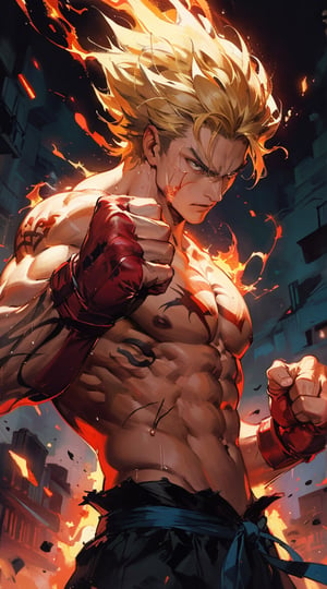 In the midst of a fiery battle arena, a muscular combatant stands strong with clenched fists and determined eyes. This dynamic scene is depicted in a vividly detailed anime illustration showcasing the intensity of the martial arts fighter. His chiseled physique glistens with sweat, his tattoos vibrant against his skin, exuding power and prowess. The artist's skill is evident in the intricate brushwork and vibrant color palette, creating a visually striking and mesmerizing image that captures the essence of strength and determination.