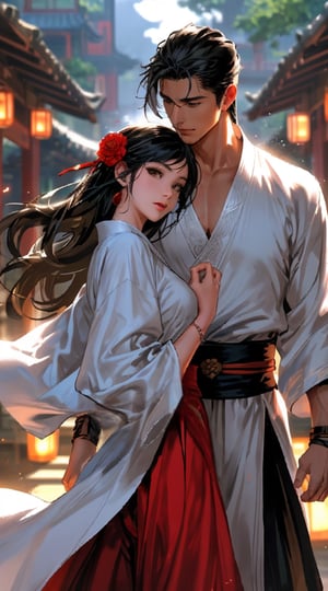 A handsome ancient Chinese man with a lazy expression and a fairy-like manner, wearing a plain white robe and with jet-black waist-length hair, walked side by side with a beautiful girl in red with short black hair.