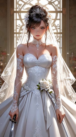 A strikingly unique bride in a pristine white wedding gown wields a gleaming katana. Her flowing dress contrasts sharply with the sharp blade she holds with confidence. The image, whether a painting or photograph, captures the juxtaposition of traditional bridal attire with the powerful weapon. Every intricate detail is highlighted in exquisite detail, from the intricate lace on the dress to the delicate etchings on the sword. This high-quality depiction seamlessly fuses elegance with strength.