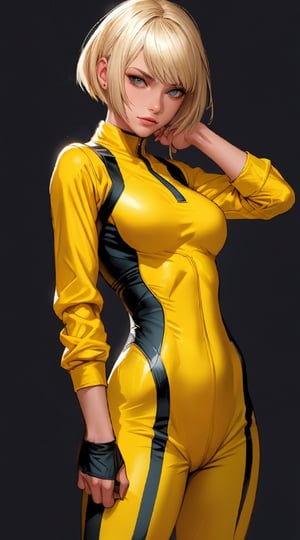 a beautiful woman with short blonde hair is in a yellow jump suit, posing with a katana in her hand.