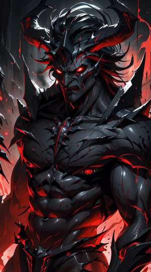 A brooding demon lord, the king of hell exudes a menacing presence with his obsidian skin adorned with fiery crimson markings. His sharp horns gleam with an otherworldly light, casting shadows across his twisted features. This evocative portrait, possibly a digital painting, captures the essence of evil with exquisite detail and depth. Each sinewy muscle and jagged edge is rendered with remarkable precision, inviting viewers into a realm of darkness and despair.