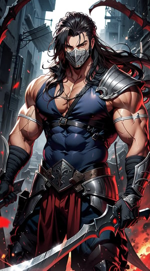 A long-haired muscular man wearing an armor and a devel mask, holding two scythes