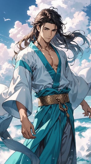 A young male god wearing a light blue ancient robe is standing in the sea of ​​clouds, with fluttering clothes and long hair dancing in the wind.