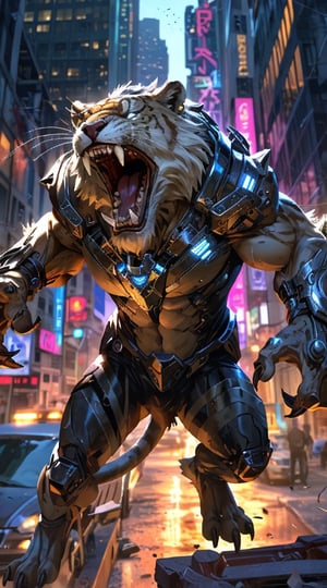 an armored humanoid sabertooth roars in modern city.