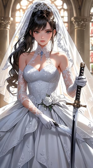 A strikingly unique bride in a pristine white wedding gown wields a gleaming katana. Her flowing dress contrasts sharply with the sharp blade she holds with confidence. The image, whether a painting or photograph, captures the juxtaposition of traditional bridal attire with the powerful weapon. Every intricate detail is highlighted in exquisite detail, from the intricate lace on the dress to the delicate etchings on the sword. This high-quality depiction seamlessly fuses elegance with strength.