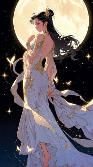 Chang'e, a celestial goddess, glides gracefully through the night sky, her silvery gown trailing behind her. Her radiant beauty illuminates the darkness, creating a mesmerizing tableau. This stunningly detailed painting captures every aspect of her ethereal presence: her flowing hair shimmering like stardust, her delicate features bathed in an otherworldly glow. The artist's skill is evident in the intricate brushwork and vivid colors that bring this mythical scene to life. This masterpiece is a testament to the enduring allure of ancient legends and the power of artistic imagination.