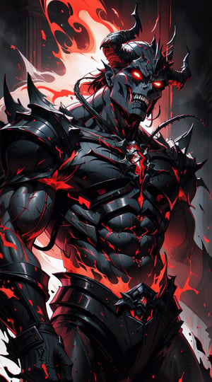 A brooding demon lord, the king of hell exudes a menacing presence with his obsidian skin adorned with fiery crimson markings. His sharp horns gleam with an otherworldly light, casting shadows across his twisted features. This evocative portrait, possibly a digital painting, captures the essence of evil with exquisite detail and depth. Each sinewy muscle and jagged edge is rendered with remarkable precision, inviting viewers into a realm of darkness and despair.