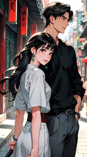 In the bustling backdrop of a contemporary metropolis, a charming young man and a stunning young woman stand confidently back to back. The man, clad in a crisp white T-shirt, radiates positivity as he smiles warmly. His companion holds a traditional Chinese sword, her beauty enhanced by its ancient elegance. This scene is captured in a vivid and dynamic photograph, every detail meticulously composed to convey a sense of modern strength and cultural richness. The image is a feast for the eyes, with vibrant colors and sharp contrasts creating a visually striking composition that is sure to captivate the viewer.