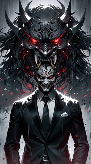 A strong figure clad in a sleek black and white suit, adorned with a striking Japanese devil mask, stood stoically amidst the relentless downpour. This enigmatic individual exuded an air of mystery and intrigue, with the mask adding an element of ominous allure to his presence. The scene is captured in a vivid and haunting photograph, with every raindrop and shadow meticulously highlighted to create a sense of raw intensity. The composition is so impeccably detailed and immersive that viewers are transported into a world of suspense and fascination.