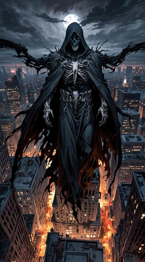 A foreboding figure of death looms over a sprawling metropolis, his skeletal form casting a chilling shadow over the city below. The Grim Reaper, cloaked in tattered black robes, is adorned with intricate, silver-embroidered symbols of mortality. In a highly detailed oil painting, the figure's hollow eyes radiate with an otherworldly glow, contrasting against the dark, stormy skies above. This hauntingly captivating image seamlessly blends the themes of life and death, drawing viewers into a macabre yet stunning interpretation of urban decay.