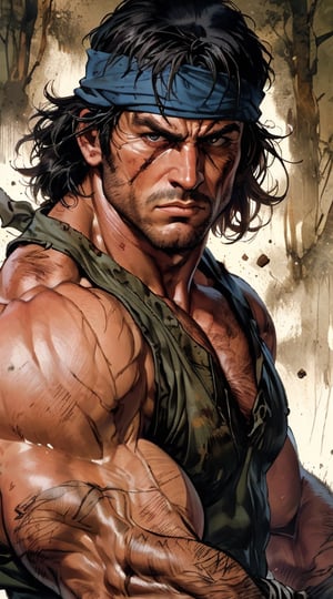 With piercing intensity, a ruggedly captivating John Rambo emerges, his weathered face etched with lines of resilience and determination. The detailed portrait, presumably a photograph, showcases his iconic bandana and combat-worn attire with striking clarity and depth. Each rugged feature is expertly highlighted, capturing the essence of a battle-hardened hero with vivid realism. The impeccable craftsmanship elevates this image to a mesmerizing work of art, embodying the essence of strength and unwavering courage.