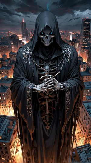 A foreboding figure of death looms over a sprawling metropolis, his skeletal form casting a chilling shadow over the city below. The Grim Reaper, cloaked in tattered black robes, is adorned with intricate, silver-embroidered symbols of mortality. In a highly detailed oil painting, the figure's hollow eyes radiate with an otherworldly glow, contrasting against the dark, stormy skies above. This hauntingly captivating image seamlessly blends the themes of life and death, drawing viewers into a macabre yet stunning interpretation of urban decay.