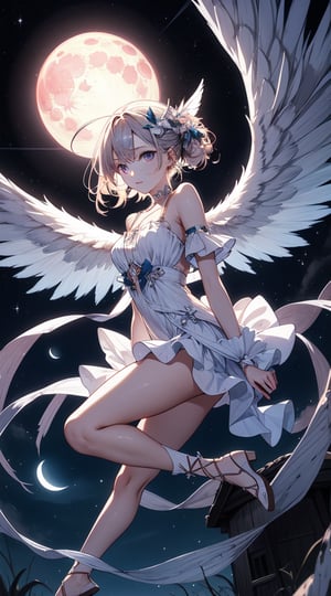 a female angel flies in the moonlight. clear face and eyes.