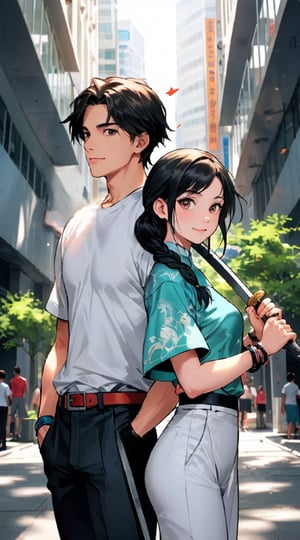 In the bustling backdrop of a contemporary metropolis, a charming young man and a stunning young woman stand confidently back to back. The man, clad in a crisp white T-shirt, radiates positivity as he smiles warmly. His companion holds a traditional Chinese sword, her beauty enhanced by its ancient elegance. This scene is captured in a vivid and dynamic photograph, every detail meticulously composed to convey a sense of modern strength and cultural richness. The image is a feast for the eyes, with vibrant colors and sharp contrasts creating a visually striking composition that is sure to captivate the viewer.