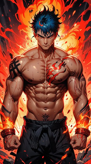 In the midst of a fiery battle arena, a muscular combatant stands strong with clenched fists and determined eyes. This dynamic scene is depicted in a vividly detailed anime illustration showcasing the intensity of the martial arts fighter. His chiseled physique glistens with sweat, his tattoos vibrant against his skin, exuding power and prowess. The artist's skill is evident in the intricate brushwork and vibrant color palette, creating a visually striking and mesmerizing image that captures the essence of strength and determination.