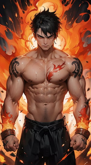 In the midst of a fiery battle arena, a muscular combatant stands strong with clenched fists and determined eyes. This dynamic scene is depicted in a vividly detailed anime illustration showcasing the intensity of the martial arts fighter. His chiseled physique glistens with sweat, his tattoos vibrant against his skin, exuding power and prowess. The artist's skill is evident in the intricate brushwork and vibrant color palette, creating a visually striking and mesmerizing image that captures the essence of strength and determination.