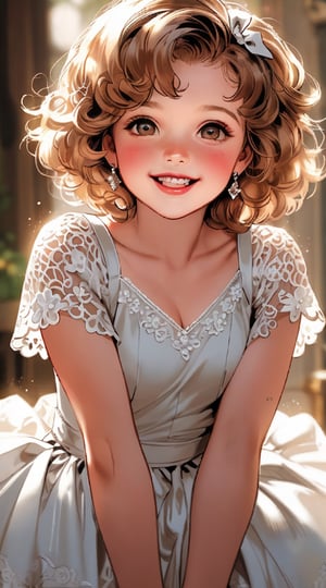 A dazzlingly radiant Shirley Temple, her golden curls bouncing with infectious joy, her dimpled smile lighting up the screen. This iconic image captures the essence of the beloved child actress in a classic black-and-white photograph. Every detail, from her sparkling eyes to her rosy cheeks, exudes innocence and charm. The high definition of the image brings out the intricate lace details of her dress, highlighting her youthful elegance with timeless grace.