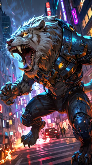 an armored humanoid sabertooth roars in modern city.